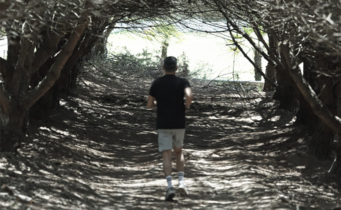 Pessoa a caminhar num trilho sombreado, entre árvores, em direção a uma zona iluminada ao fundo.