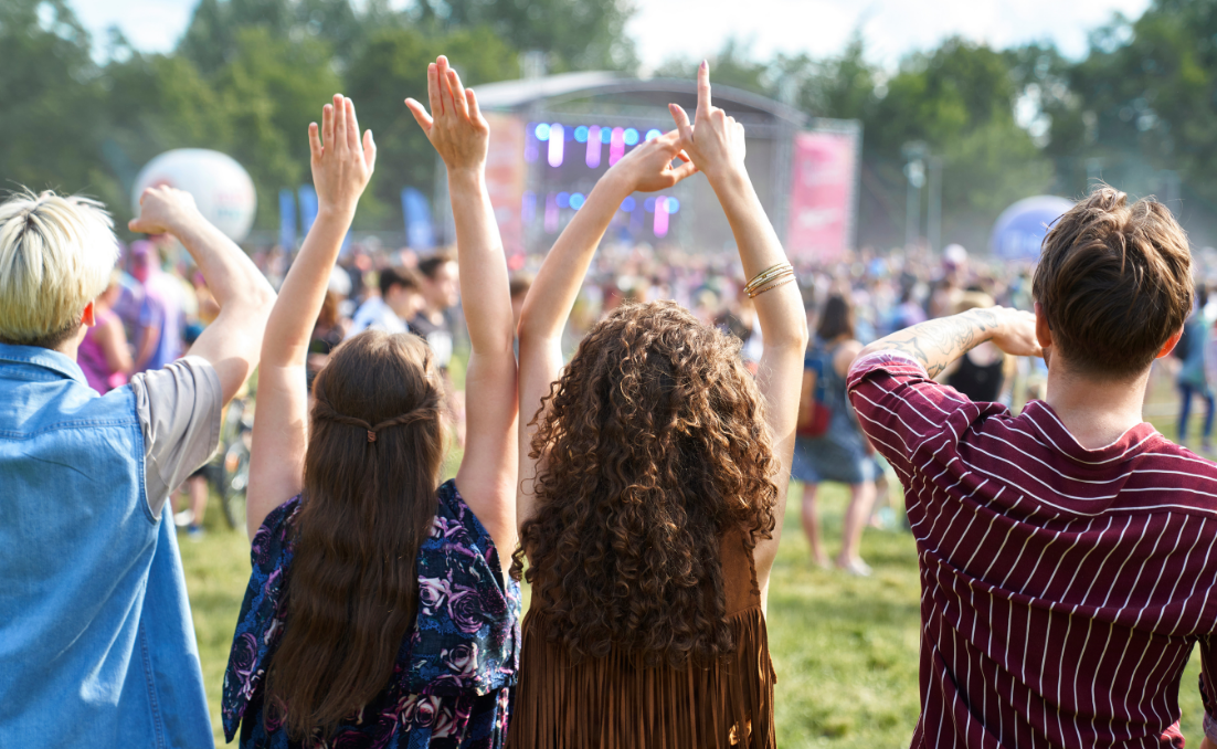 Group of people at an outdoor festival with arms raised, seen from behind, with the stage and crowd in the background.
