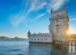 Belém Tower beside the Tagus River in Lisbon at sunset